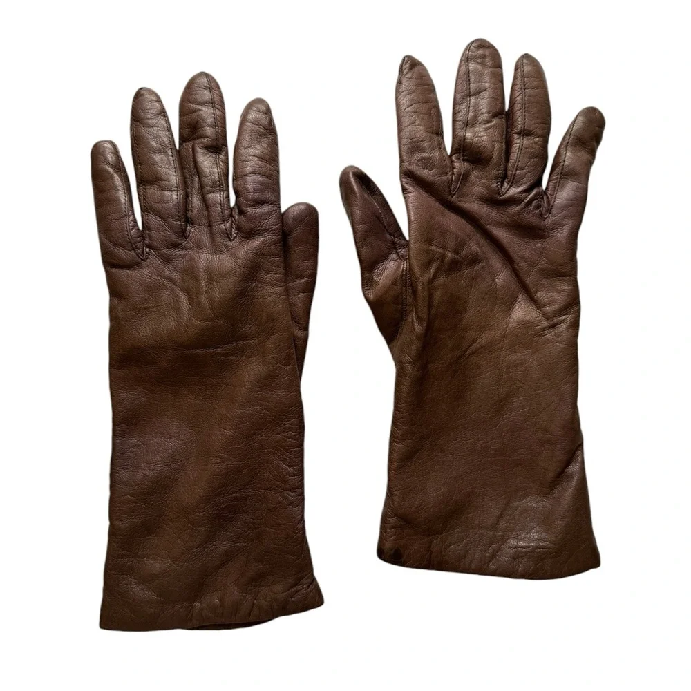 Vintage ARIS Womens Brown Soft Leather Gloves 100% Cashmere Lined Size 6.5 - Picture 1 of 8